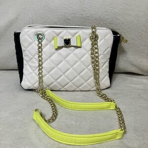 Chic Quilted White and Black Bag with Gold Chain Betsey Johnson